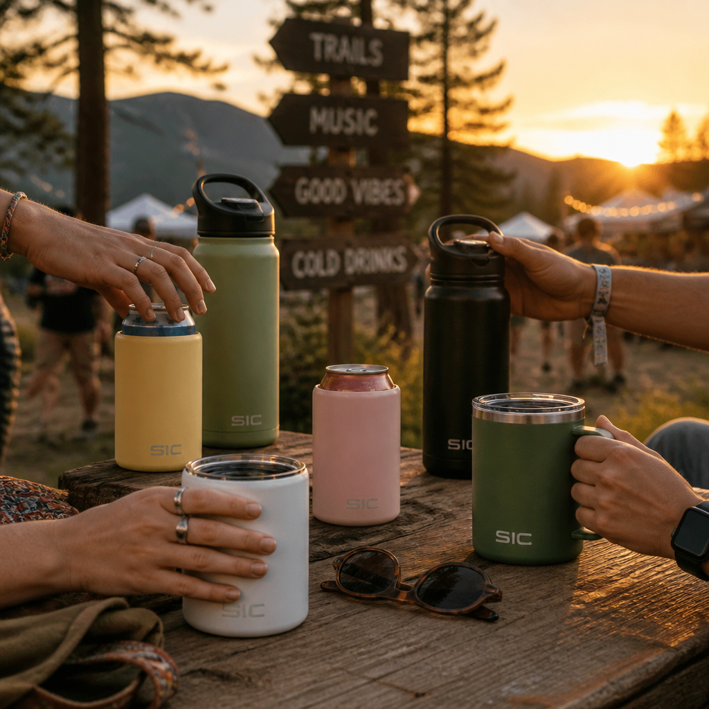 Outdoor gathering scene with beverages in different insulator types at a trailhead or festival during golden hour