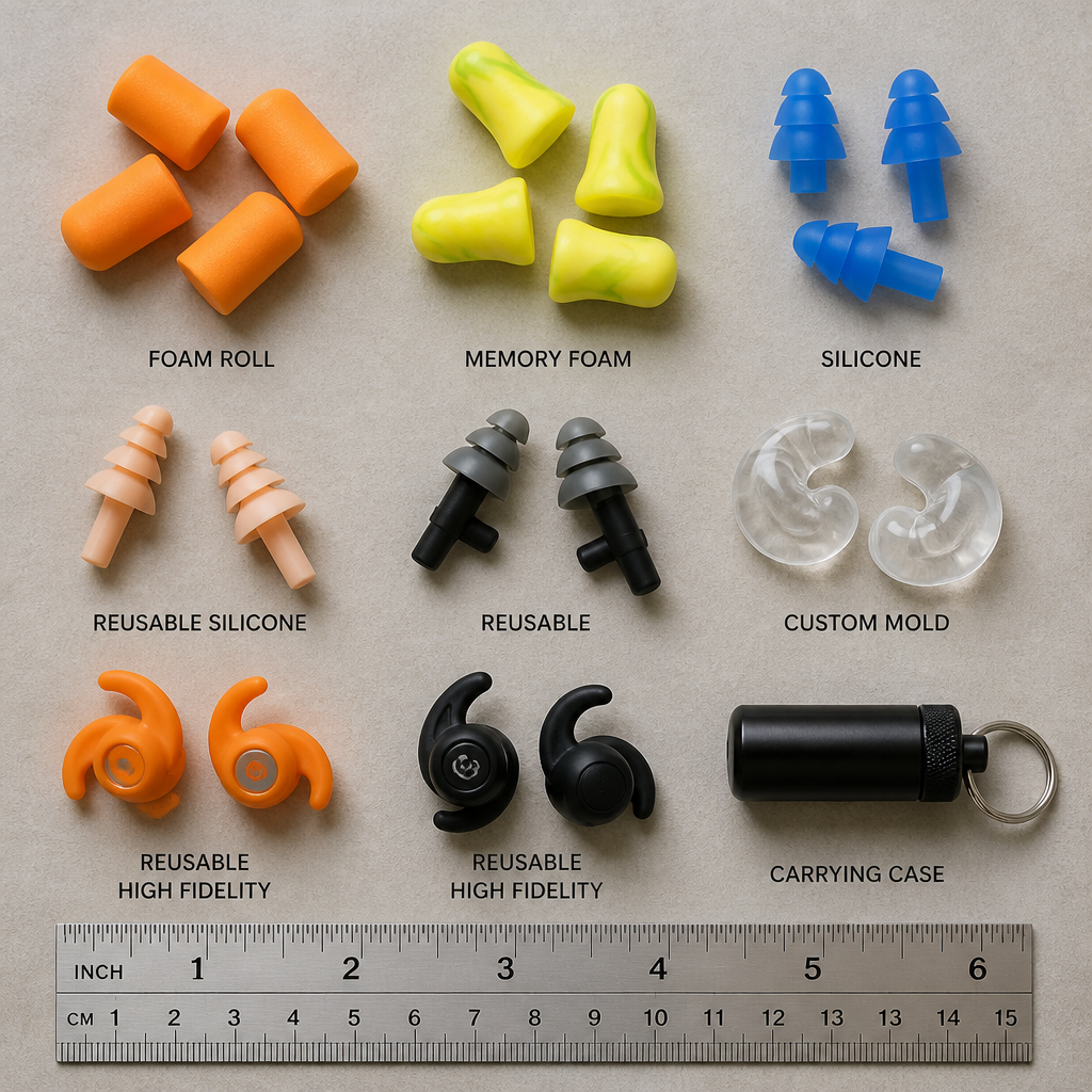 Collection of different ear plug types and styles displayed on a neutral surface