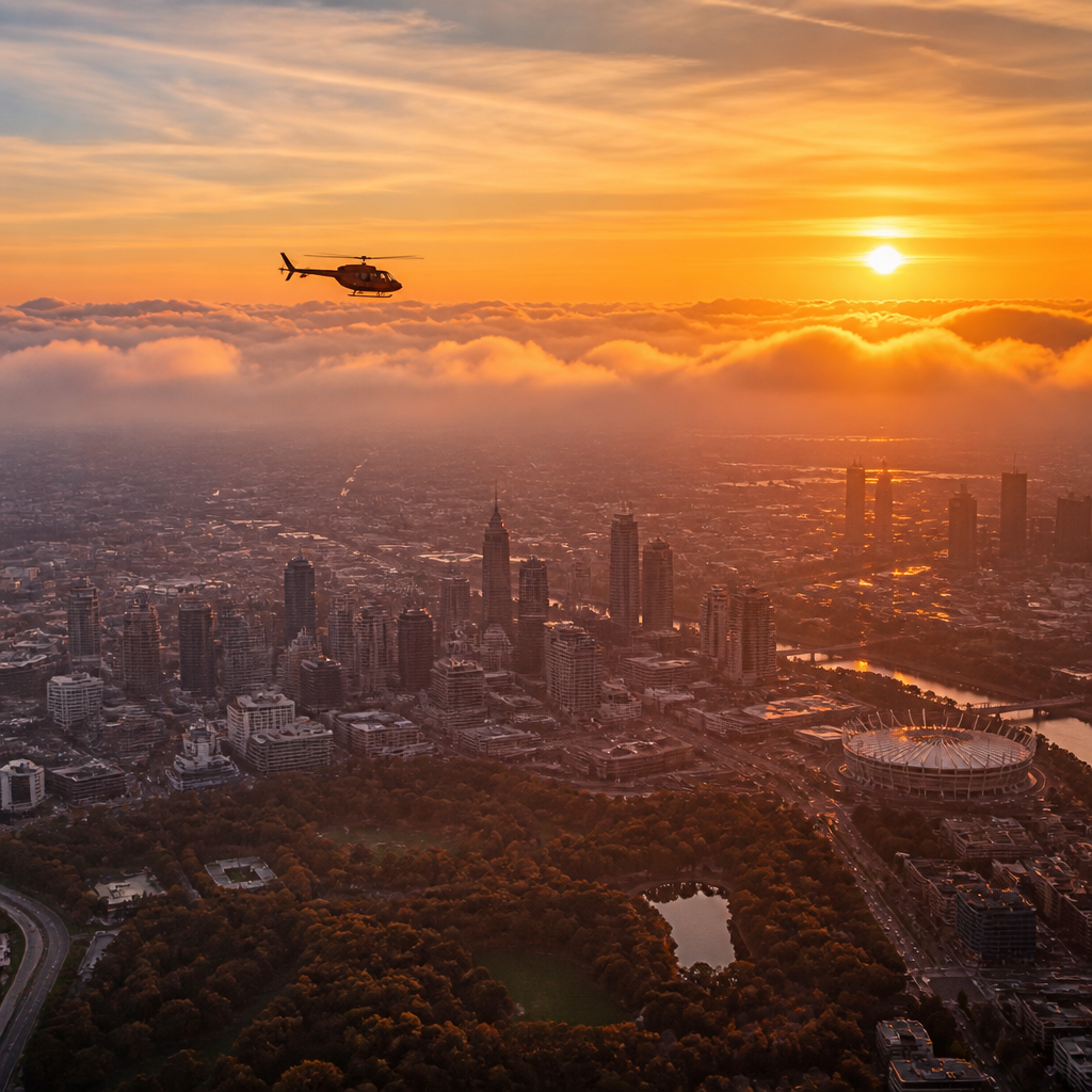 Lot helikopterem nad polskim miastem - widok z powietrza na słonecznym zachodzie