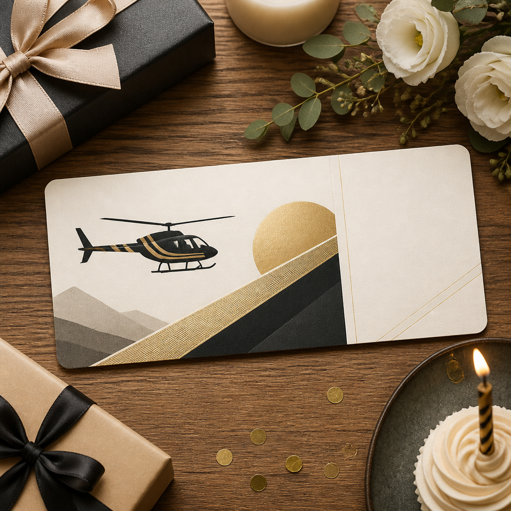 Voucher na lot helikopterem umieszczony na biurku z prezentami i kwiatami