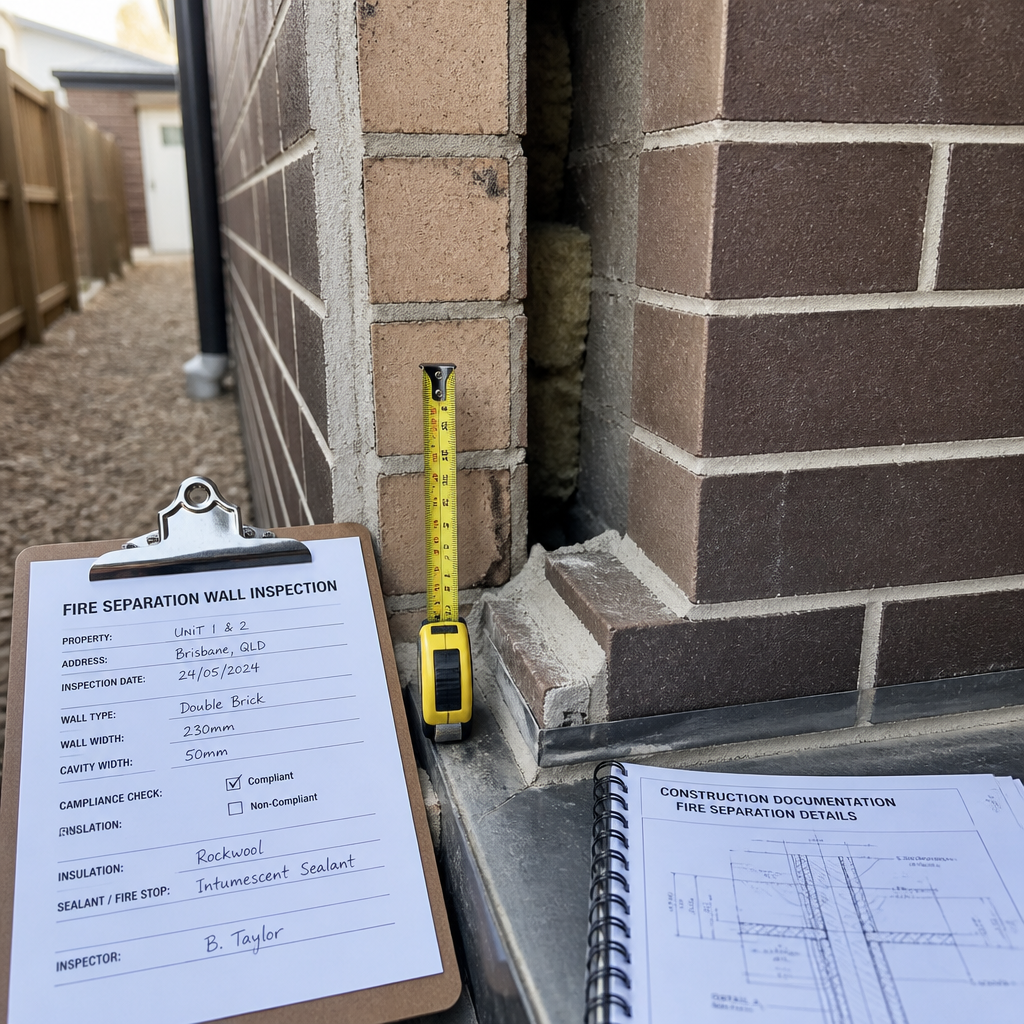 Close-up of fire separation wall between townhouses during inspection with measurement tools