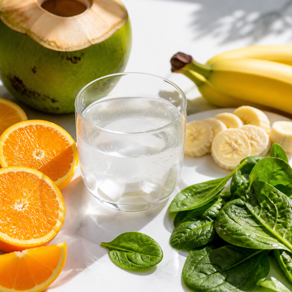Fresh electrolyte-rich foods including oranges, bananas, spinach, and coconut water arranged on a white surface