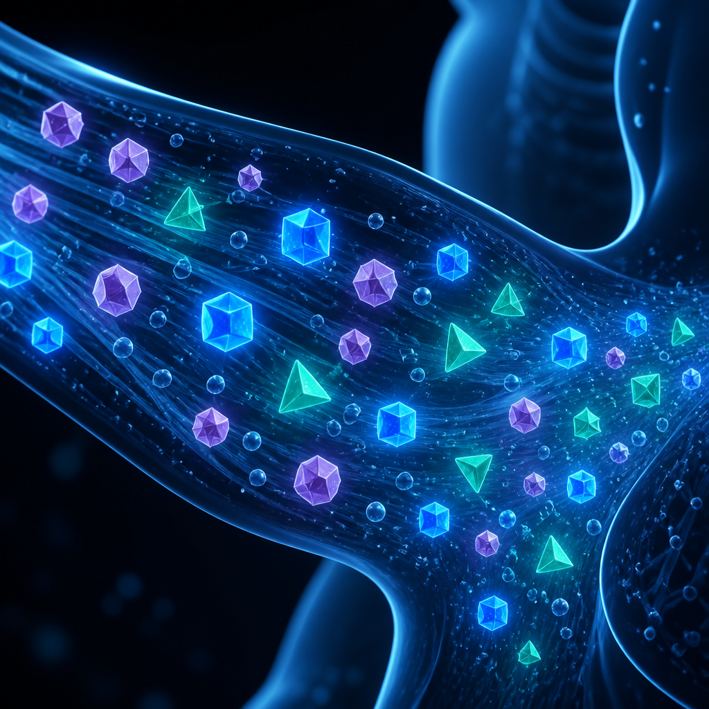 Abstract visualization of electrolyte molecules moving through blue liquid representing mineral replenishment