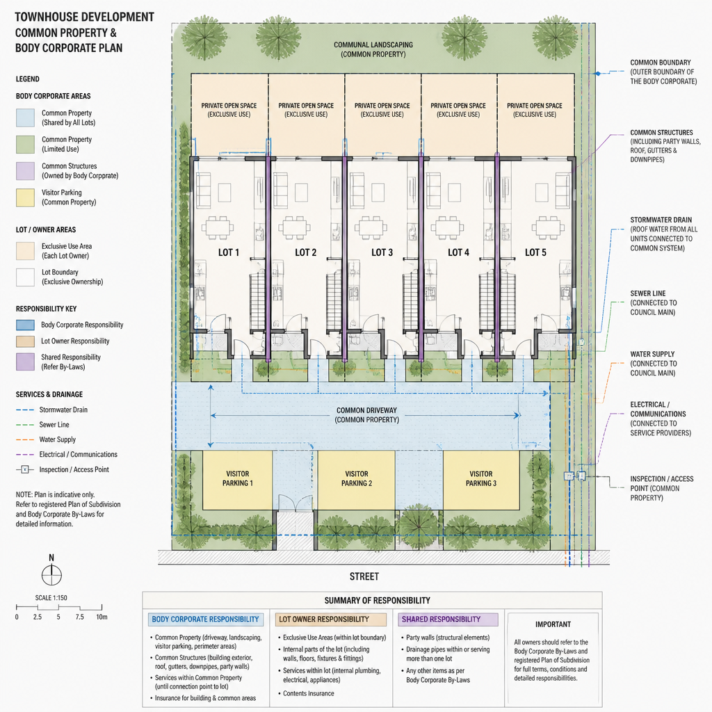 Architectural floor plan showing shared structures and common property boundaries in townhouse complex