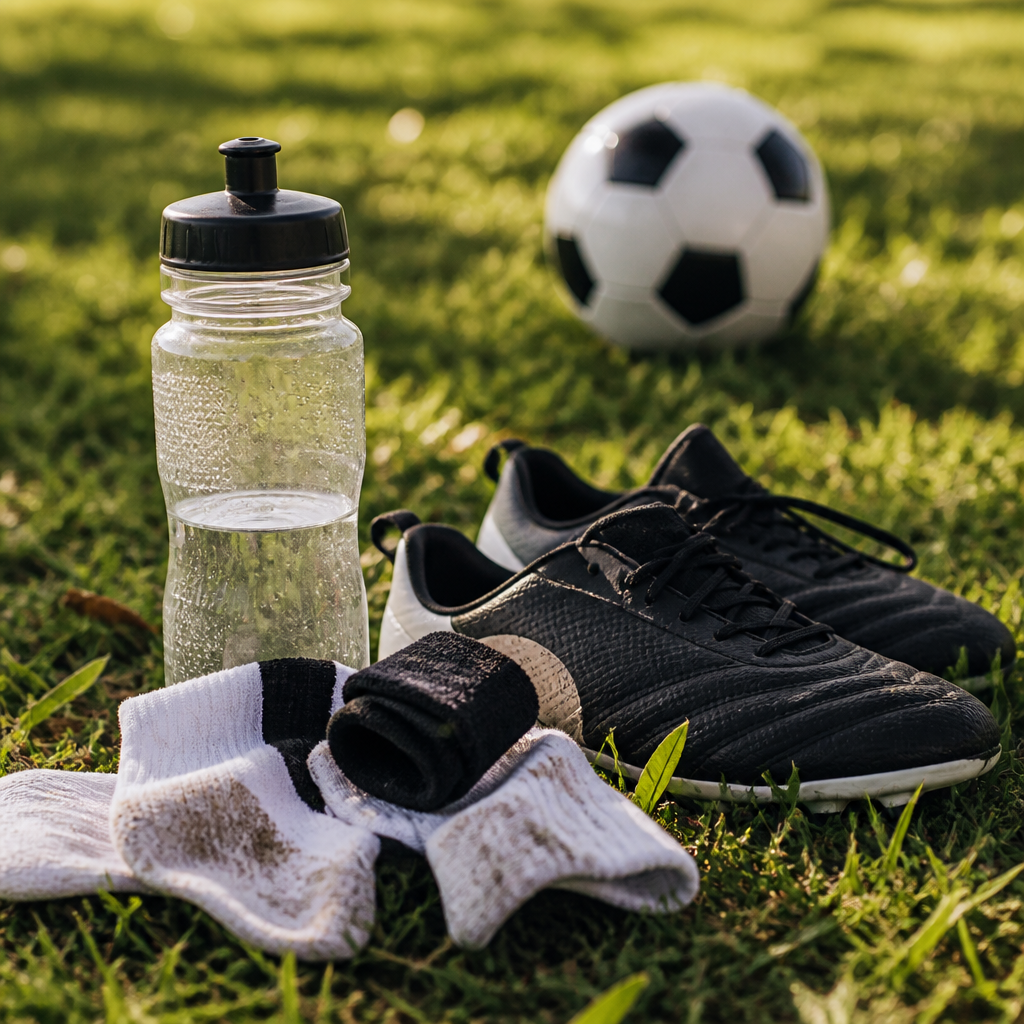 Child's water bottle and sports gear on a grass field after athletic practice