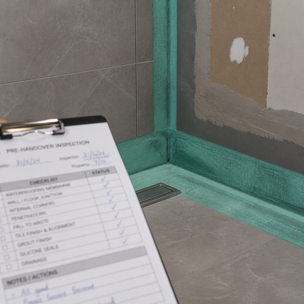 Close-up of waterproofing detail in townhouse wet area during pre-handover inspection