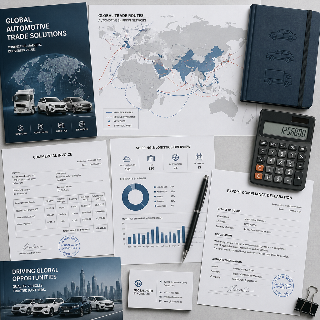 Trade documentation and export logistics planning materials for automotive dealer operations