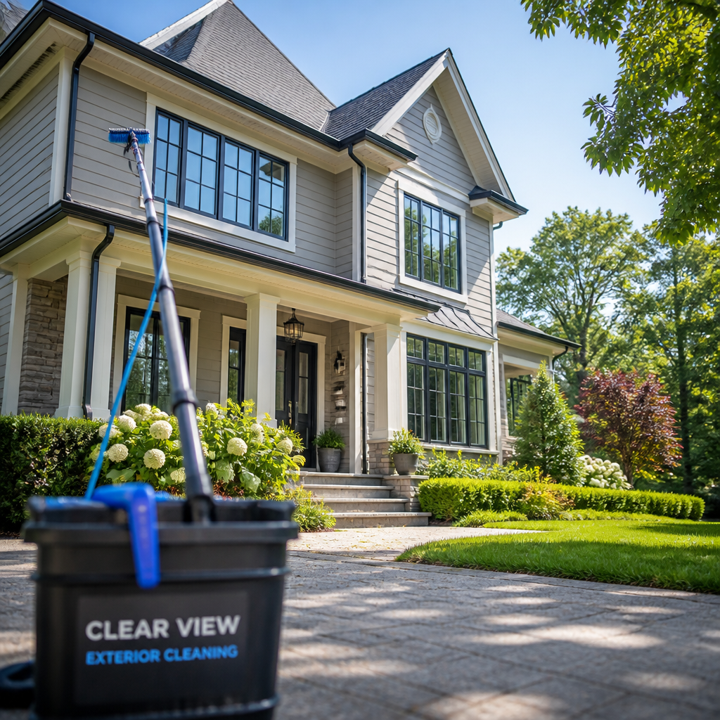 Suburban home exterior with professional window cleaning equipment ready for service