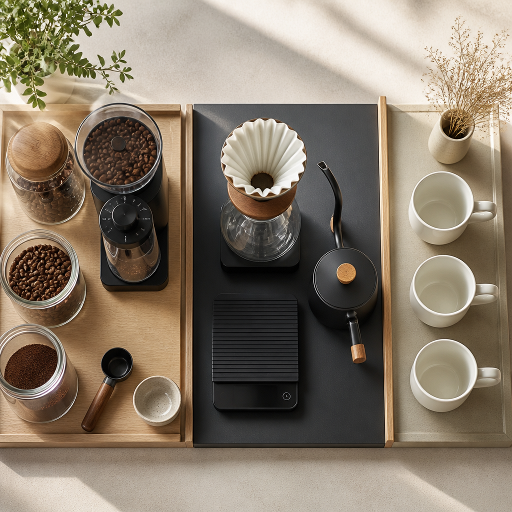 Organized home coffee station with three functional zones: prep, brew, and serve areas
