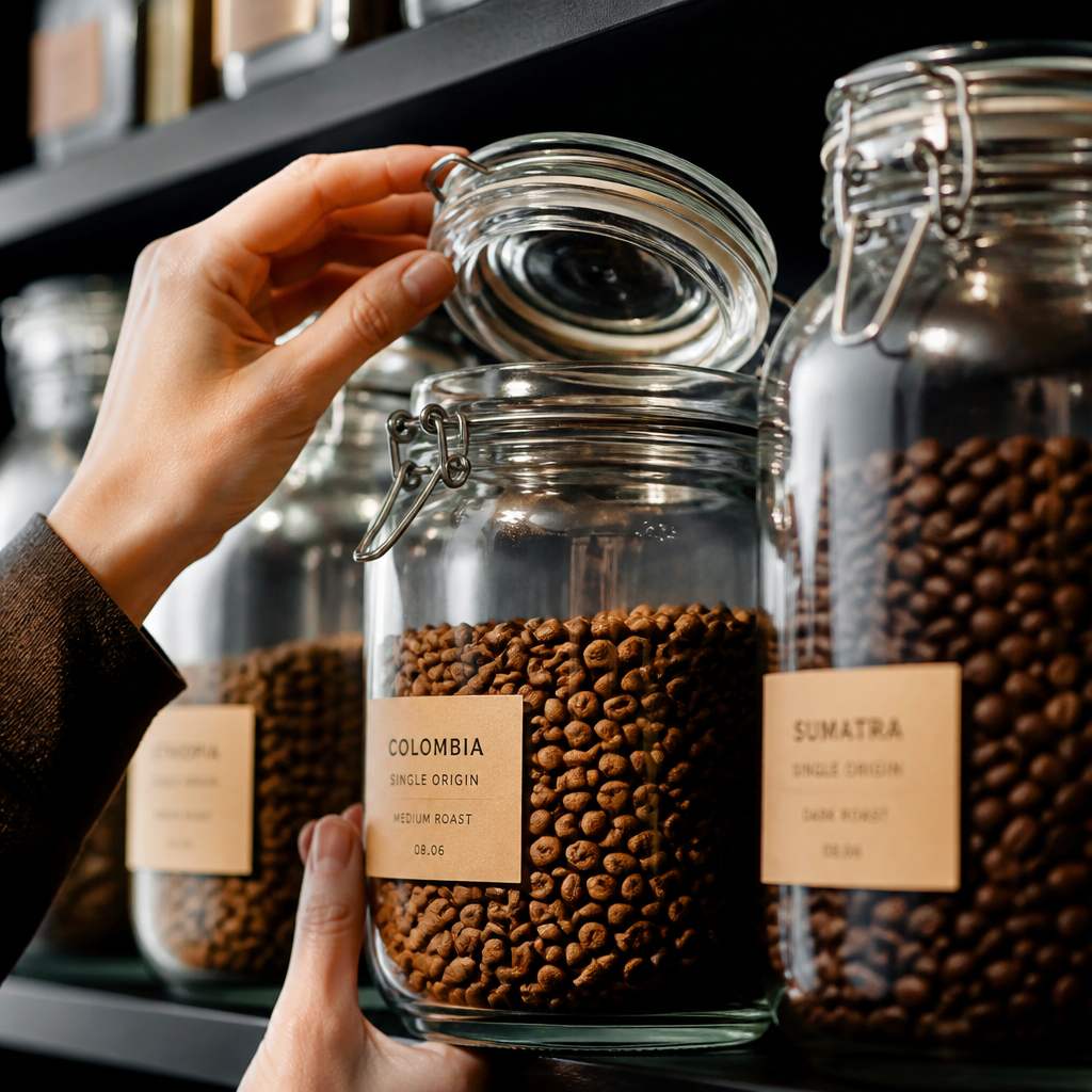 Fresh coffee beans stored in sealed glass containers on a cool shelf