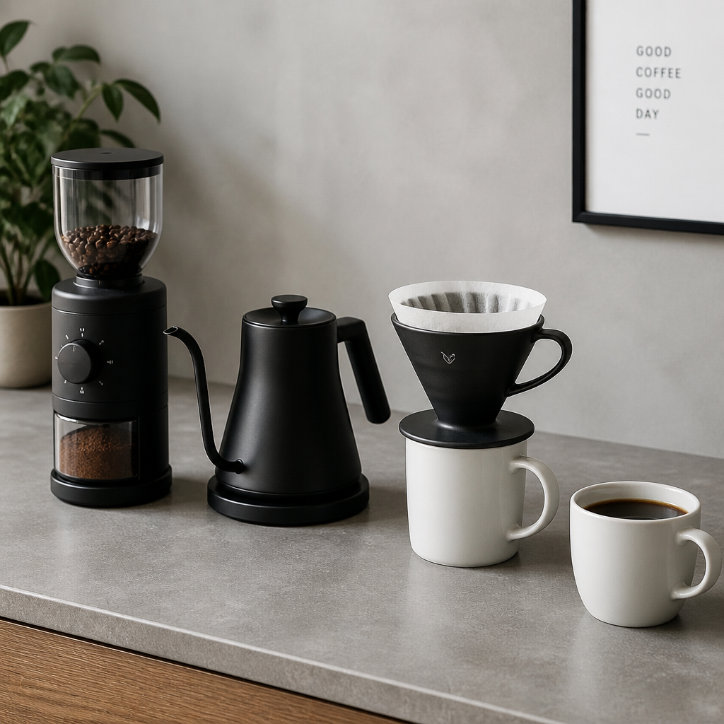 Step-by-step coffee brewing setup showing grinder, water kettle, pour-over dripper, and finished cup