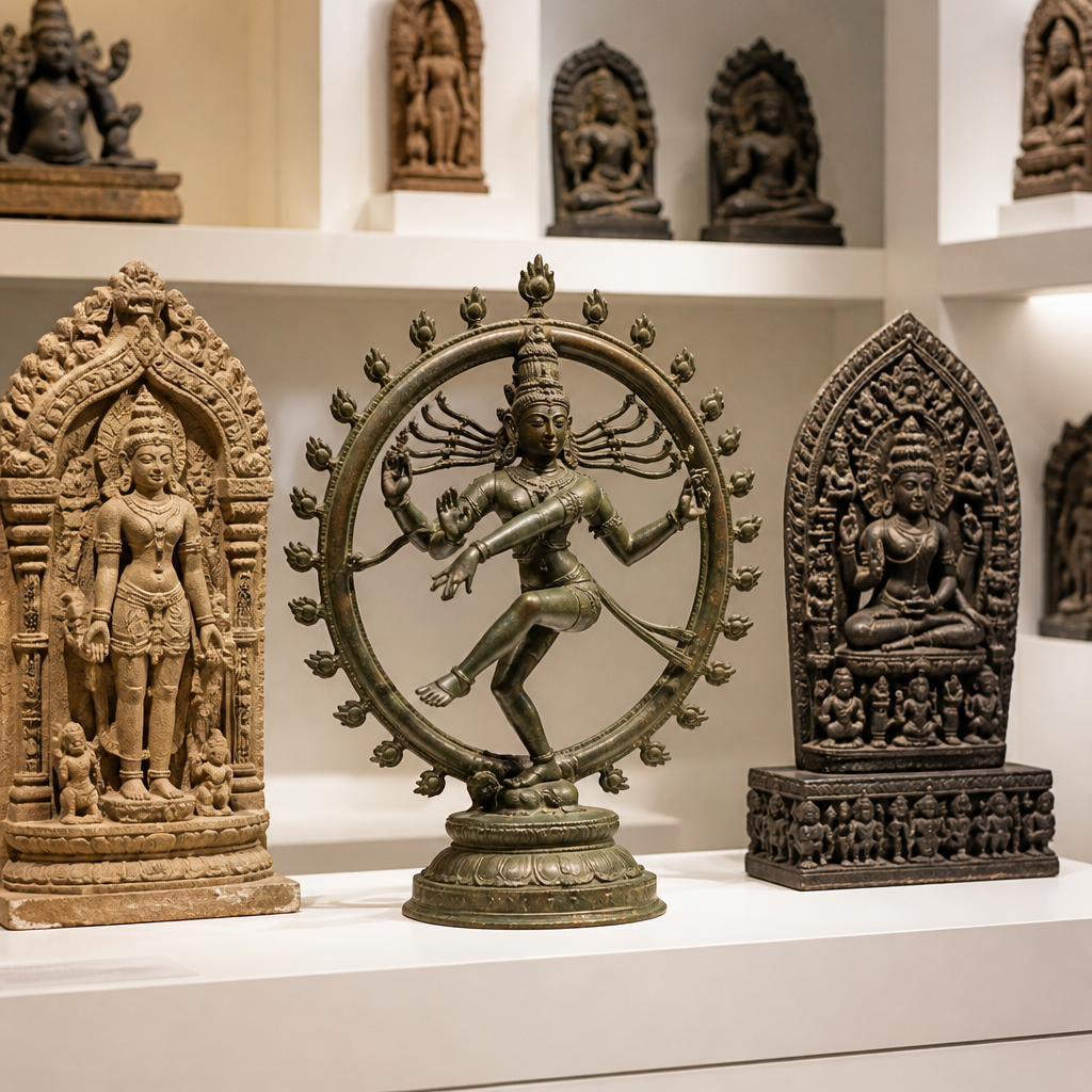 Colección de esculturas hindúes regionales indias expuestas en las estanterías de los museos, que muestran diversas piezas de bronce y piedra de diferentes tradiciones artísticas.