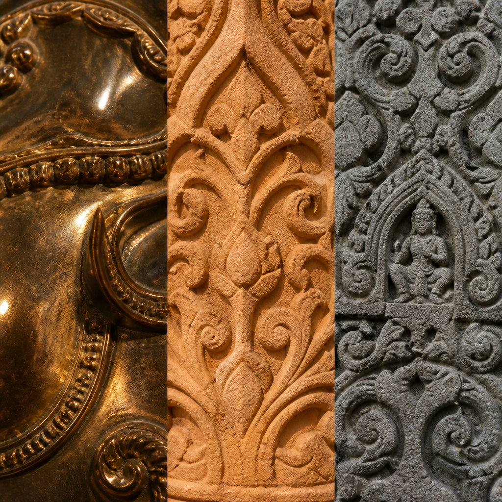 Detalles de superficies texturizadas de esculturas de bronce Chola, arenisca de Rajasthani y esquisto Pala que muestran técnicas regionales de tallado y fundición.