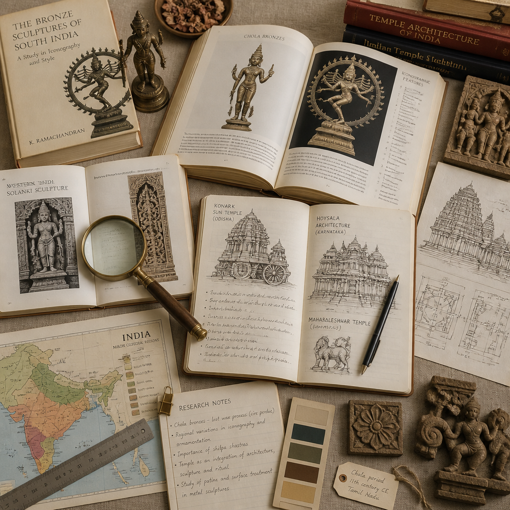 Espacio de trabajo de investigación para coleccionistas con libros de historia del arte, imágenes comparativas y materiales de referencia para estudiar los estilos escultóricos regionales de la India.