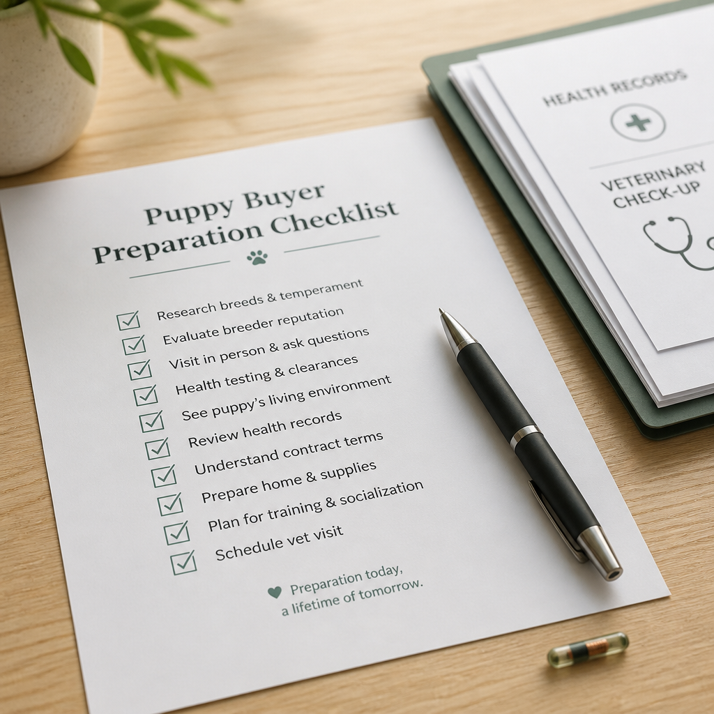 Puppy buyer checklist and verification documents on desk