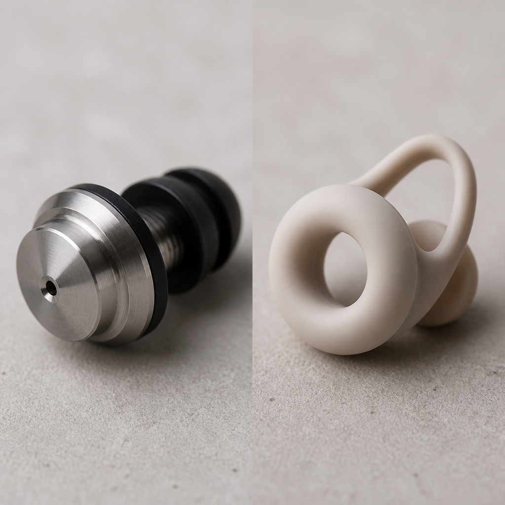 Two contrasting earplugs displayed for product comparison