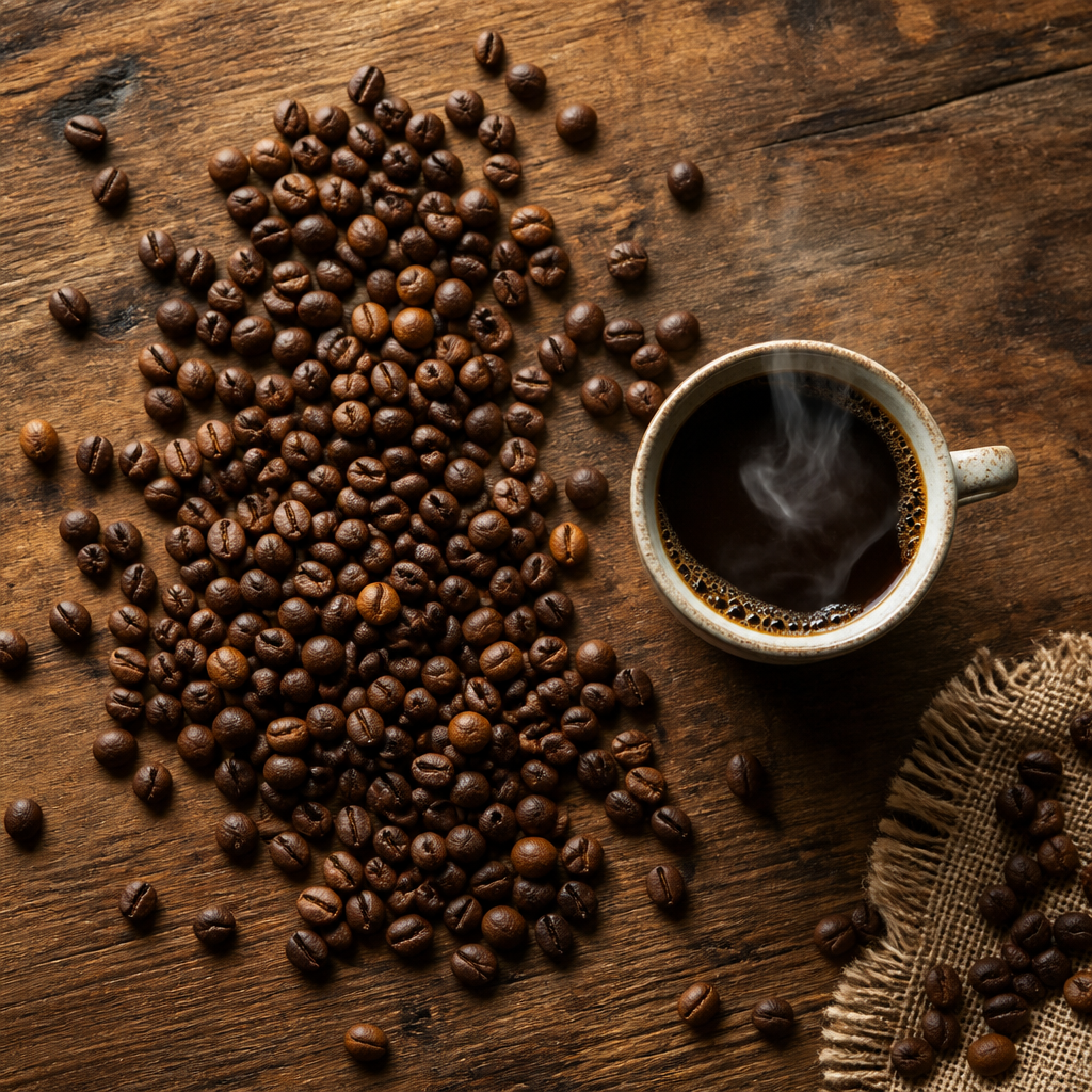 Freshly roasted coffee beans and espresso on a wooden surface with natural lighting