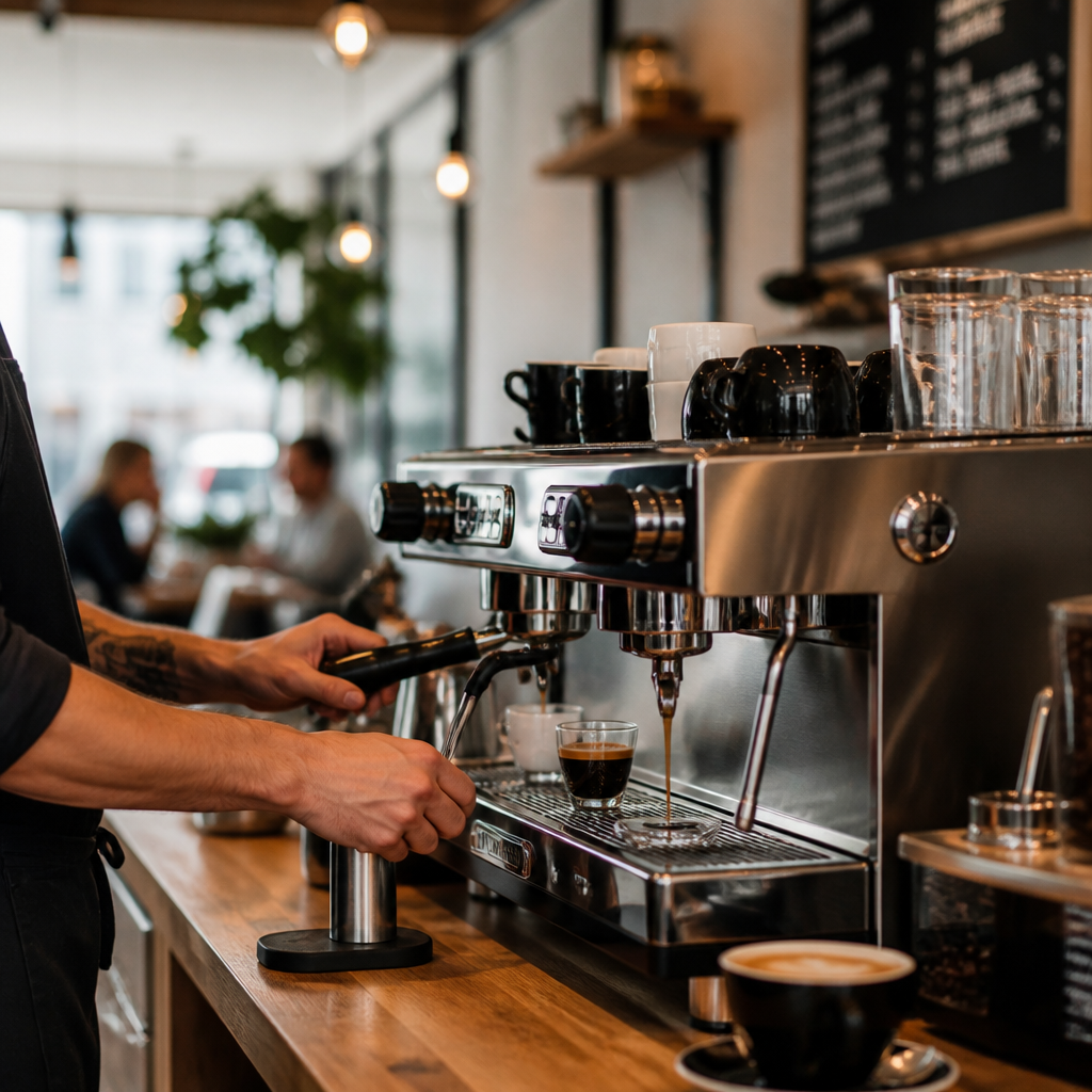Professional barista operating an espresso machine in a modern independent café