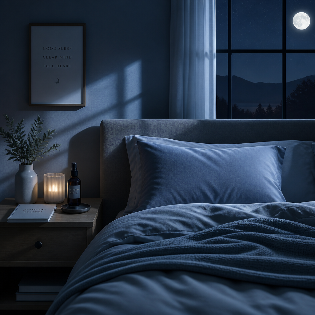 Peaceful nighttime bedroom setting for sleep comfort context