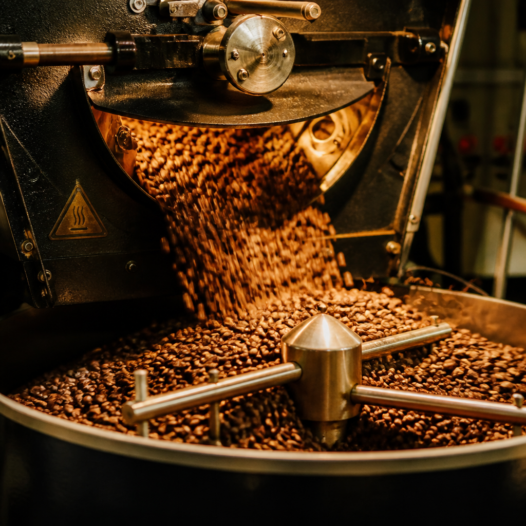 Coffee beans roasting in motion inside a professional roasting machine
