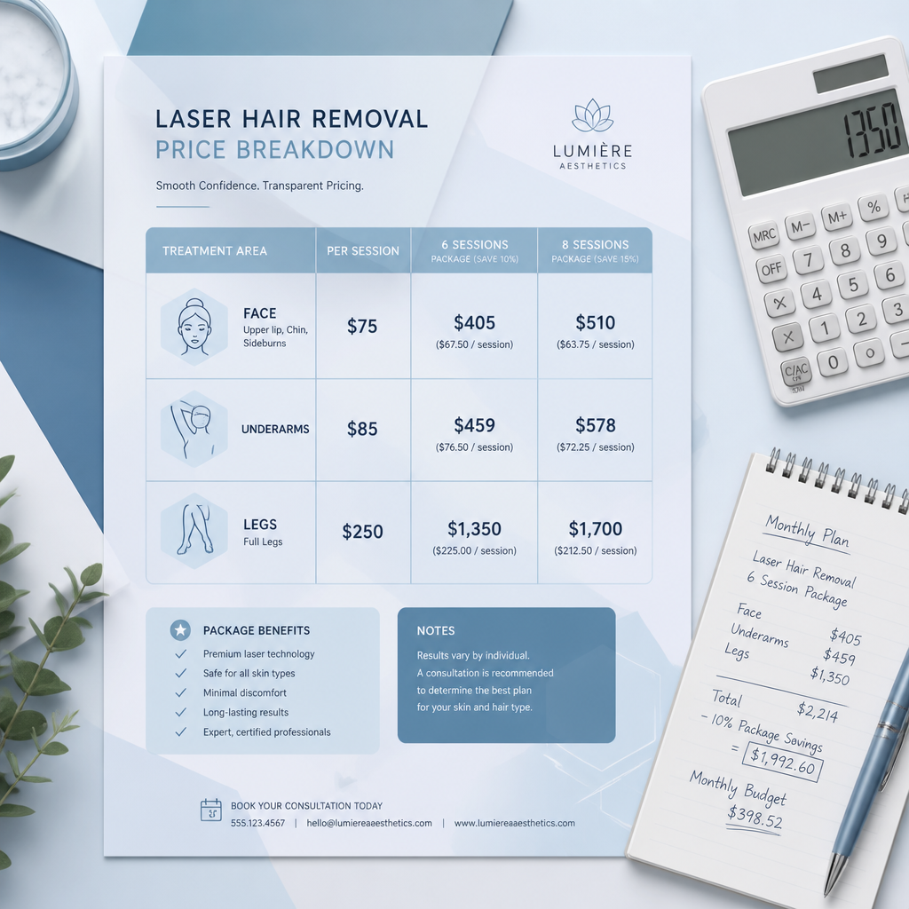 Minimalist flat lay of a laser hair removal price breakdown chart with cost comparison data and professional invoice