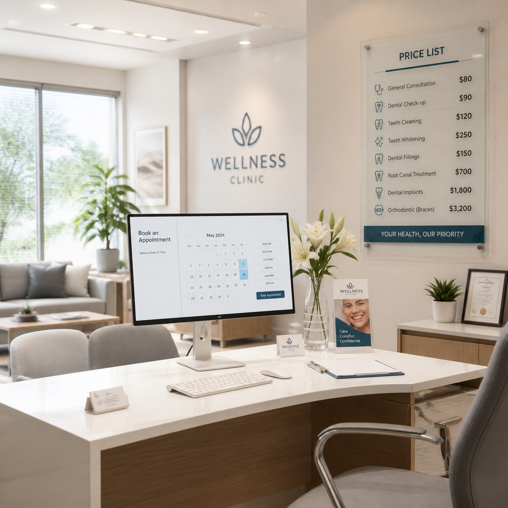Professional laser clinic reception area with consultation desk and visible price information