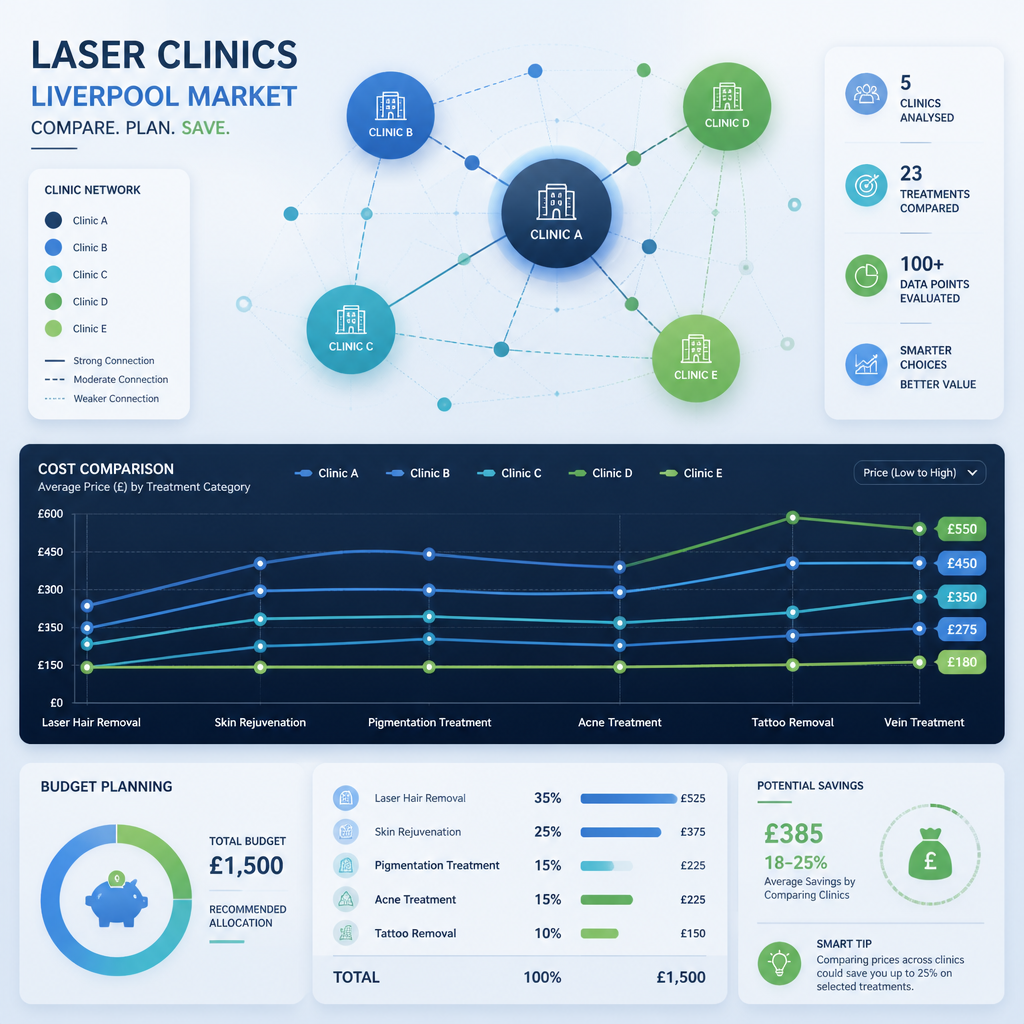 Abstract data visualization comparing laser hair removal clinic prices and value in the Liverpool market