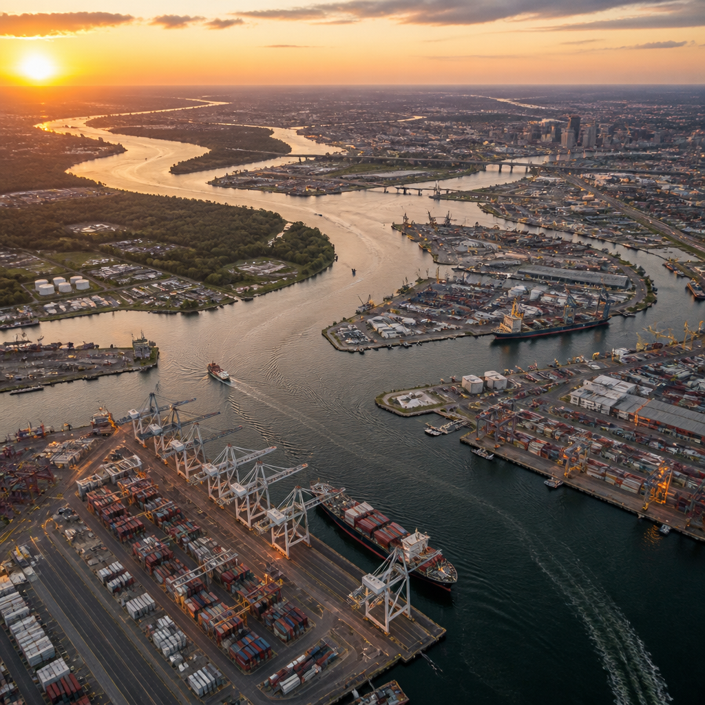 Widok z helikoptera na rozległy port rzeczny z siecią kanałów i basenów portowych o zachodzie słońca
