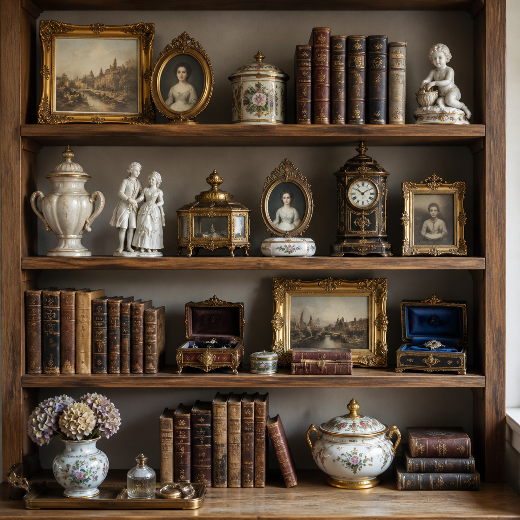 Sammlung verkaufen Wien: Großankauf bei Vienna Antique 2 Vintage antique collection displayed on wooden shelves with various decorative items and ornaments