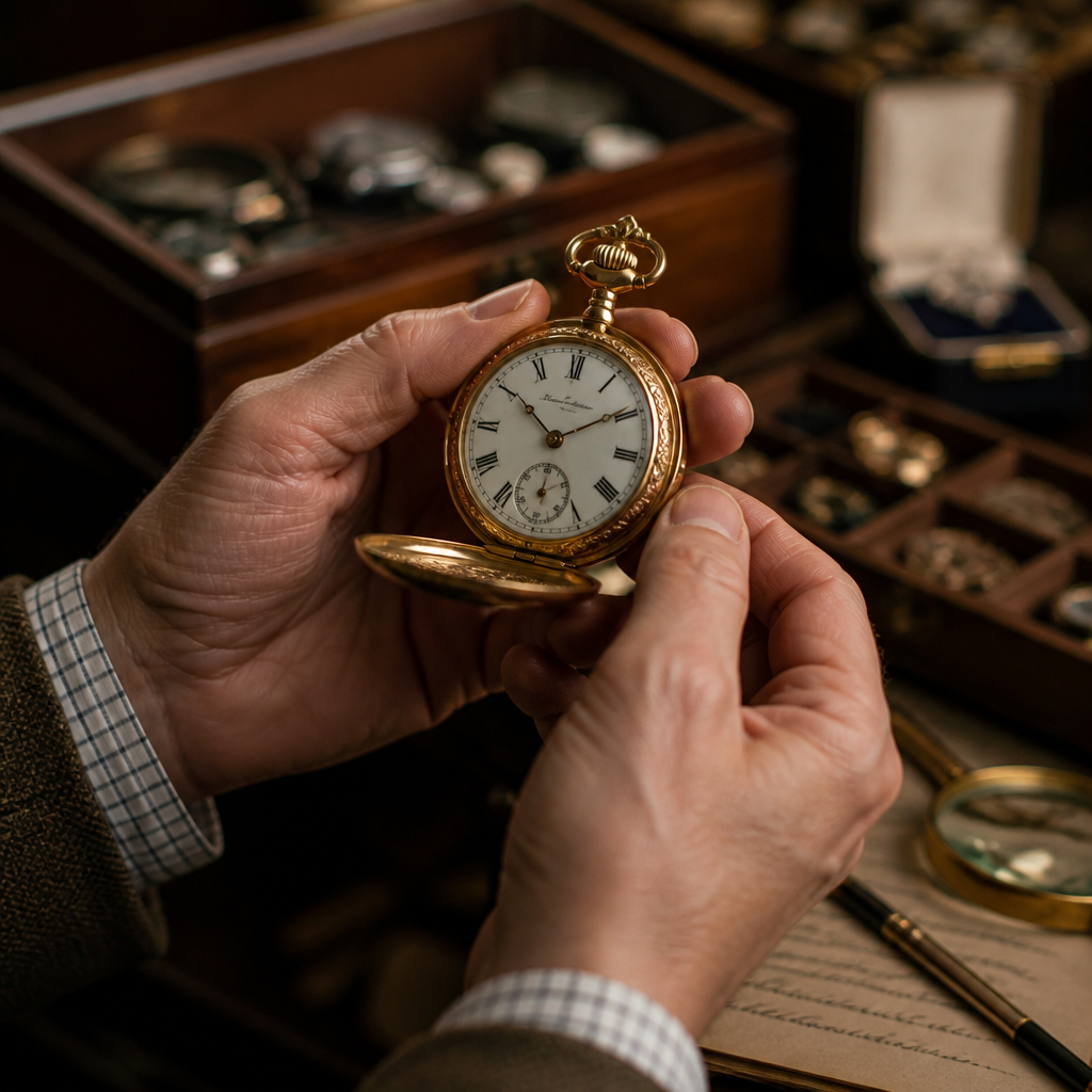 Sammlung verkaufen Wien: Großankauf bei Vienna Antique 3 Hände, die eine Taschenur halten. ImHintergrund sind verschwommen Antiquitäten zu erkennen. Sammlung verkaufen Wien: Großankauf bei Vienna Antique