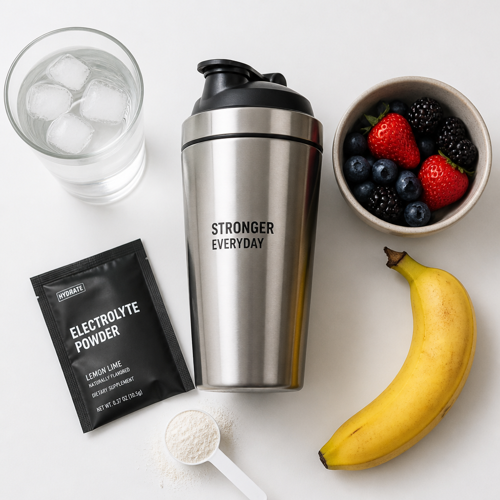 Post-workout recovery nutrition essentials arranged in a flat lay composition including protein shake, water, fresh fruit, and electrolyte supplements