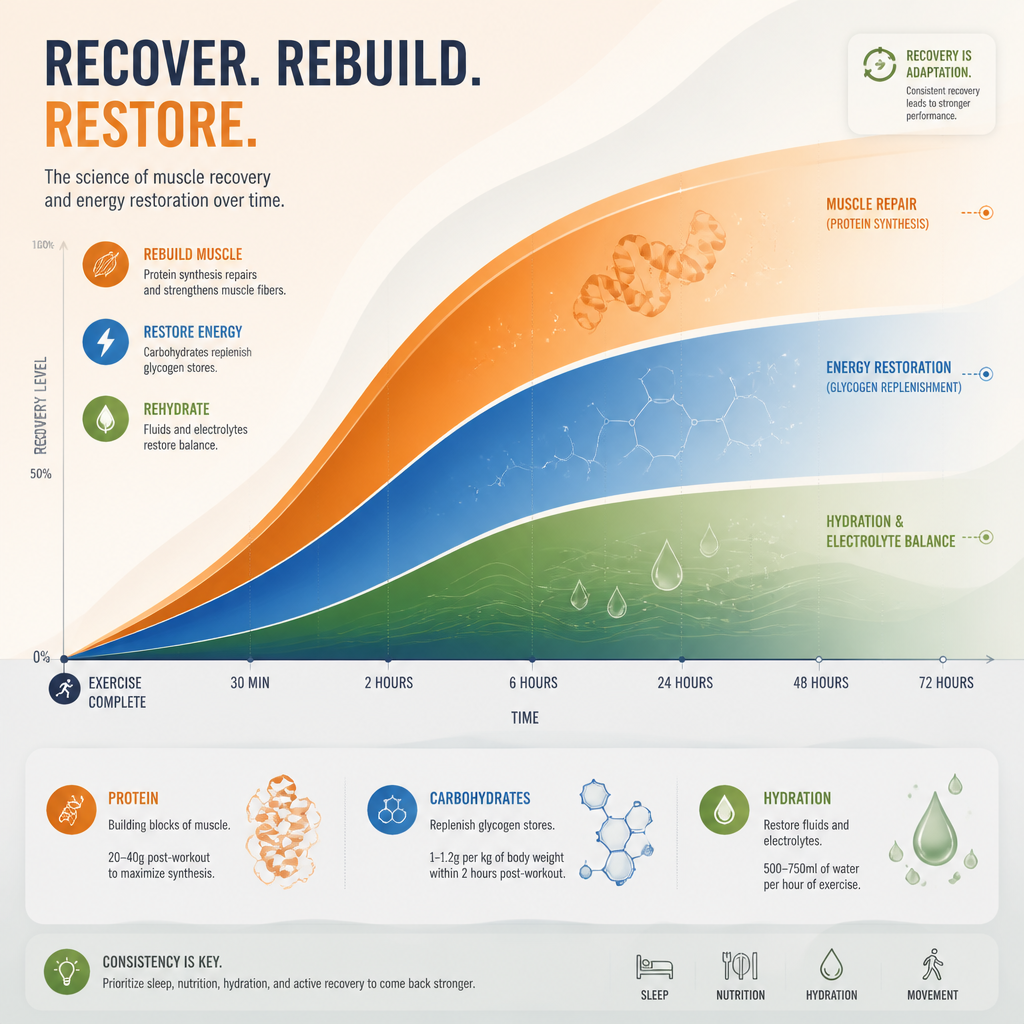 Abstract geometric visualization representing post-workout muscle recovery and energy restoration timeline using flowing shapes and color gradients
