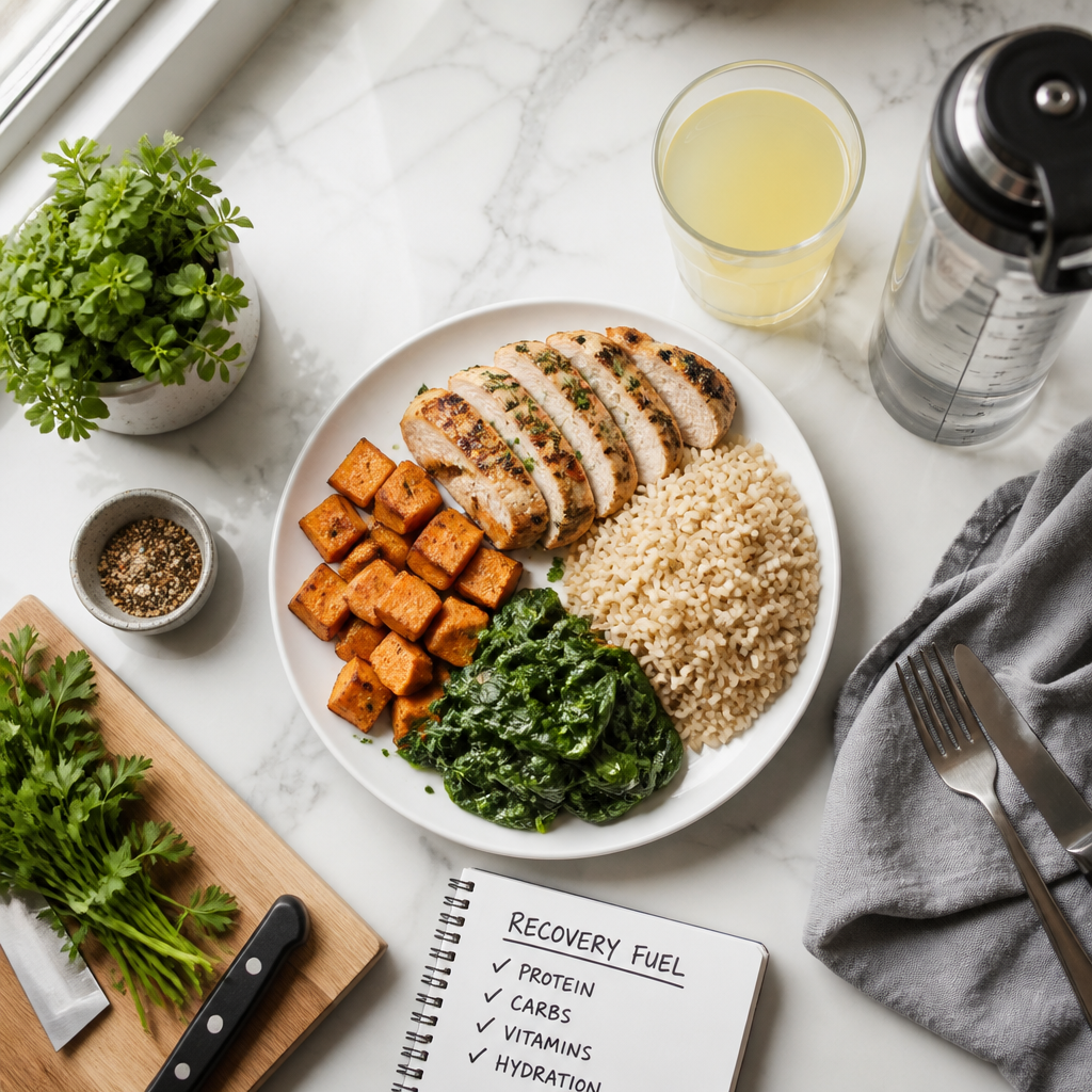 Prepared post-workout recovery meal with protein, complex carbohydrates, and vegetables on a plate alongside hydration drinks on a kitchen counter