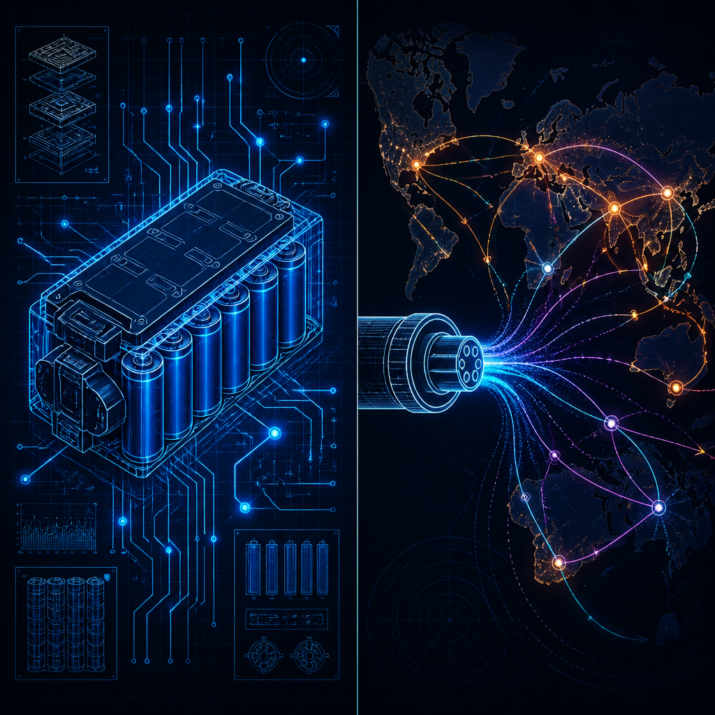 Visual comparison of plug-in hybrid battery technology with global export trade routes