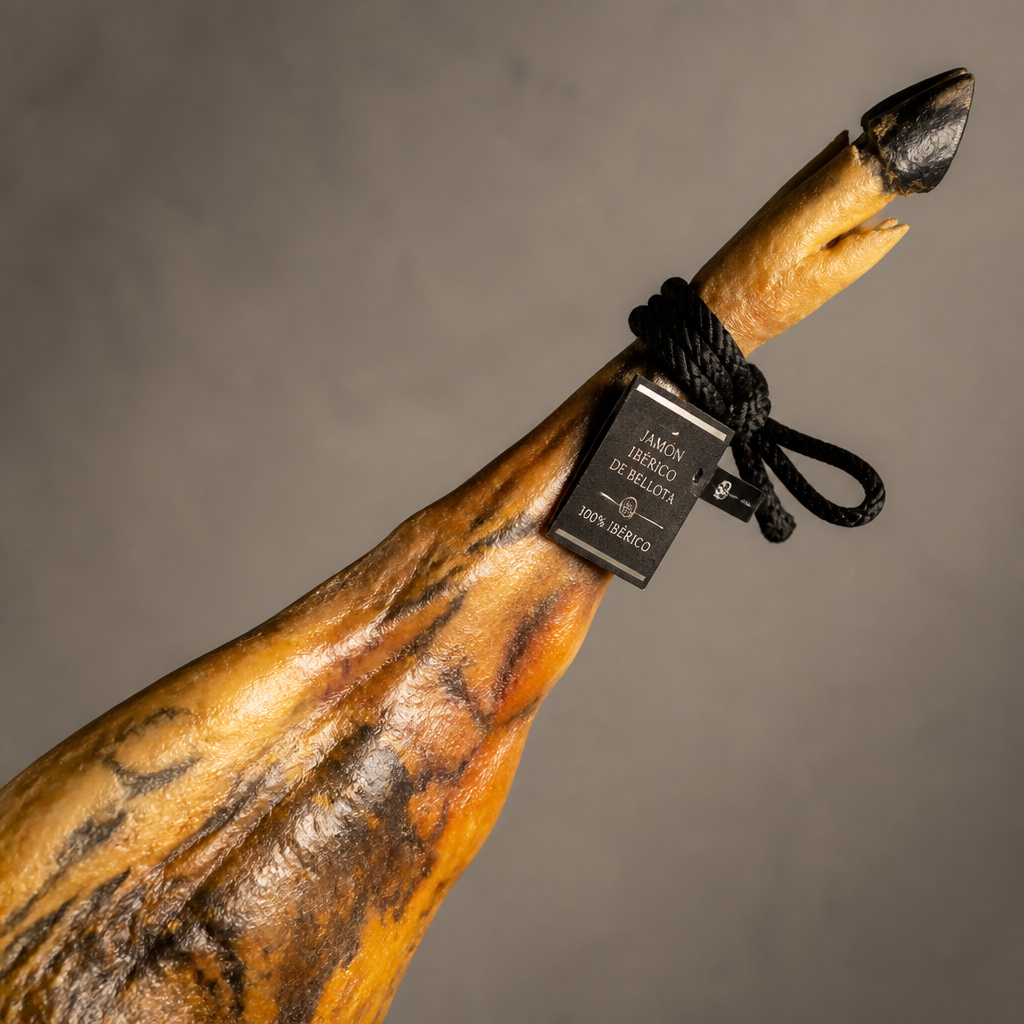 Jamón ibérico entero mostrando detalles de autenticidad: brida negra, grasa exterior y características de la pezuña