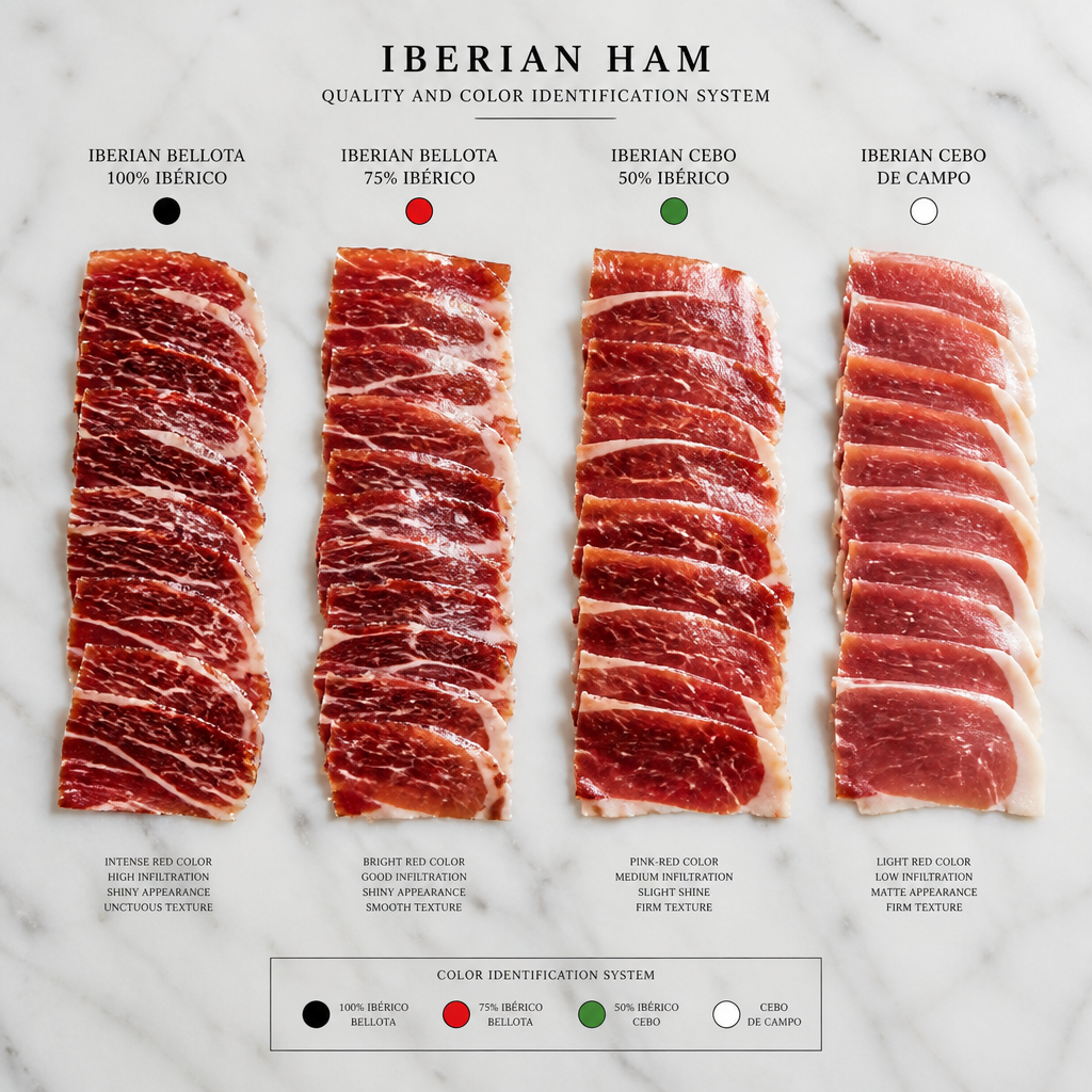 Lonchas de jamón ibérico mostrando cristales de tirosina y diferencias visuales entre categorías de calidad