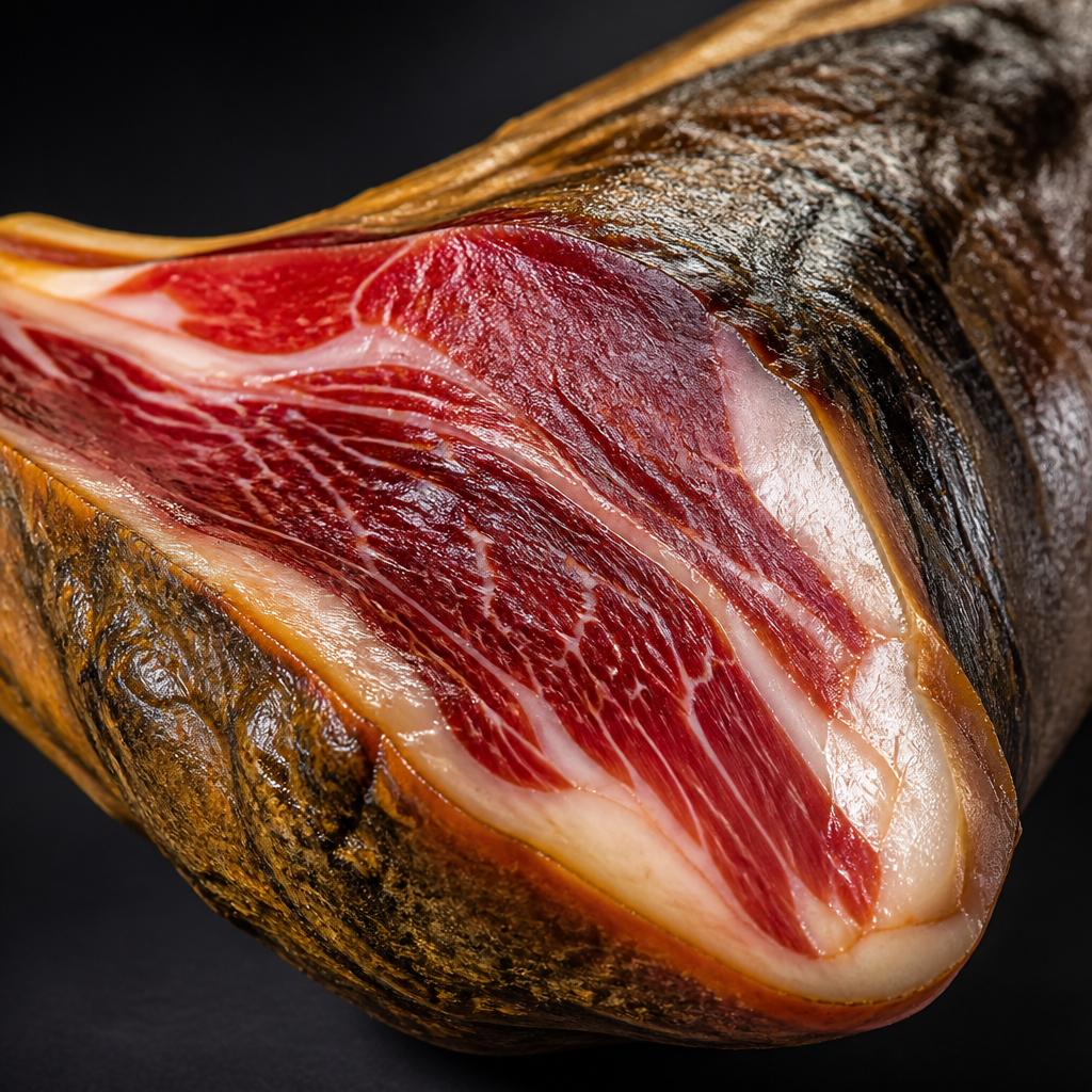 Detalle de la sección de jamón ibérico destacando textura de grasa, coloración y características de envejecimiento
