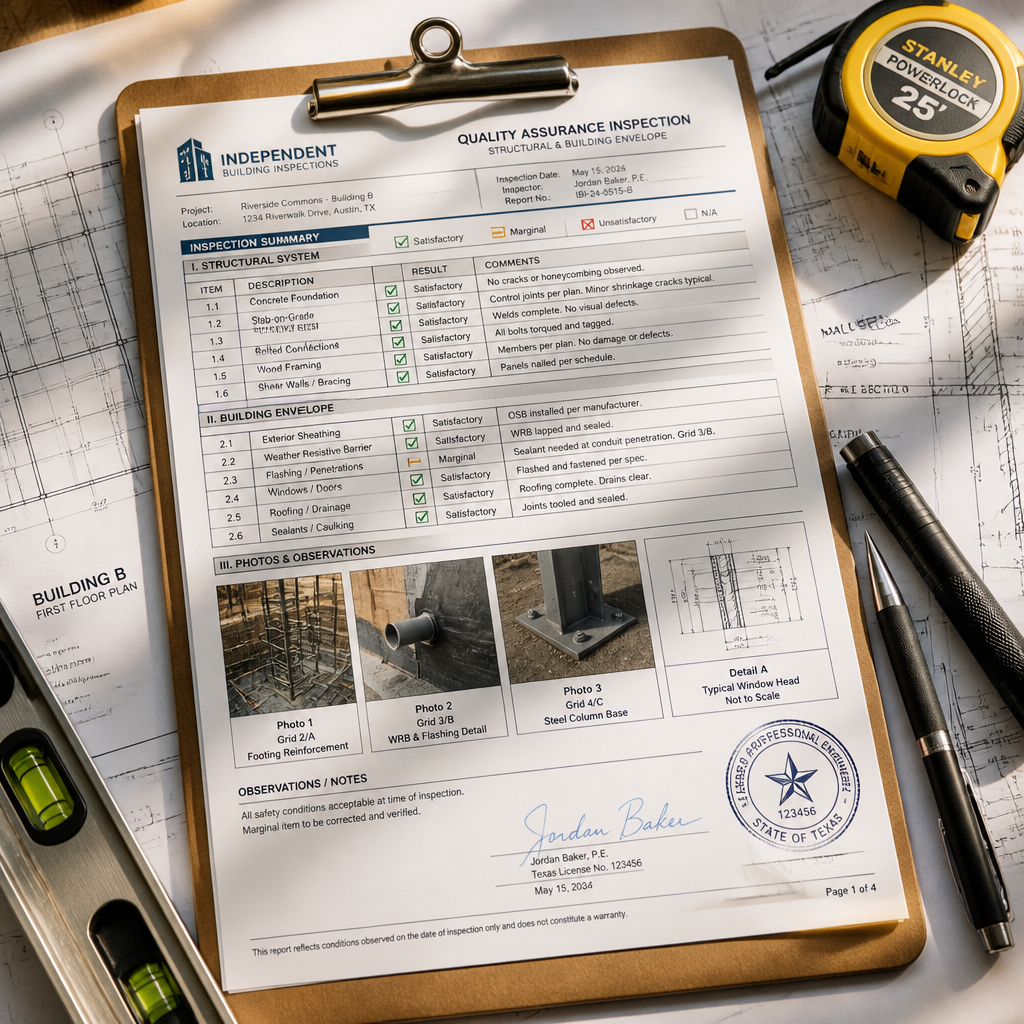 Quality assurance inspection checklist with photographic evidence and construction diagrams on a clipboard