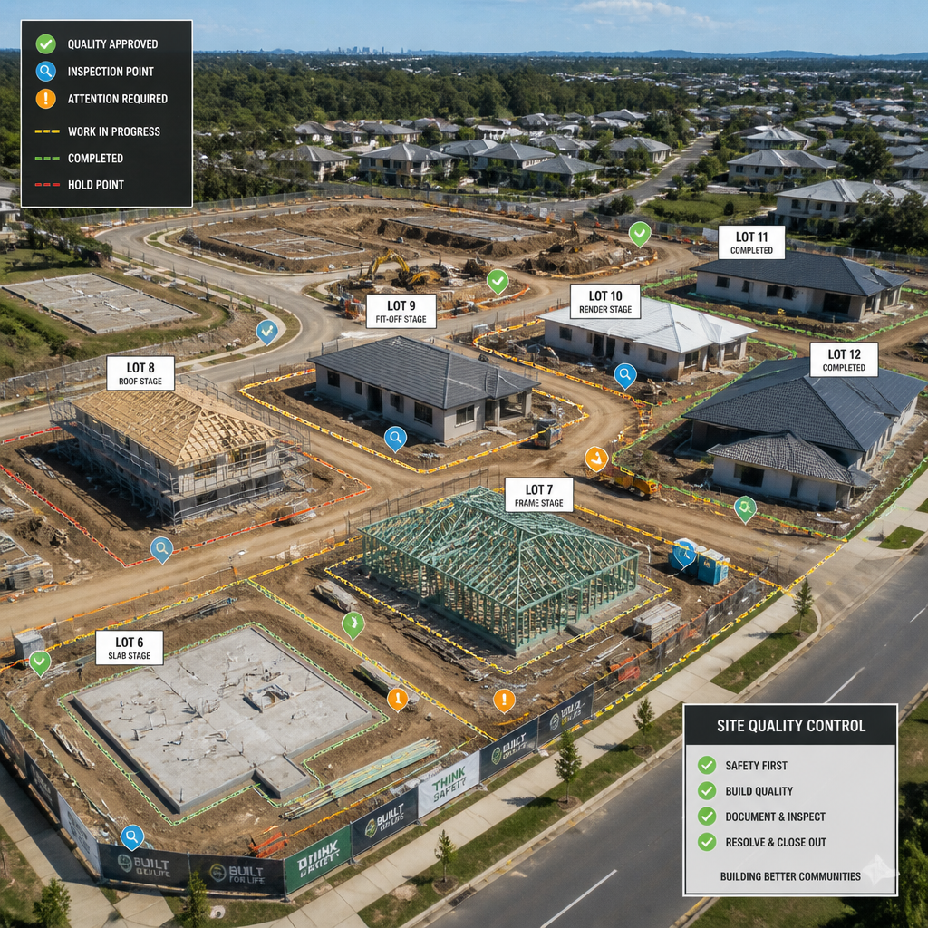 Aerial view of a multi-lot residential construction development in Southeast Queensland