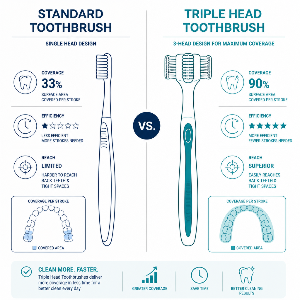 Comparison illustration of standard toothbrush versus 3D triple head toothbrush designs