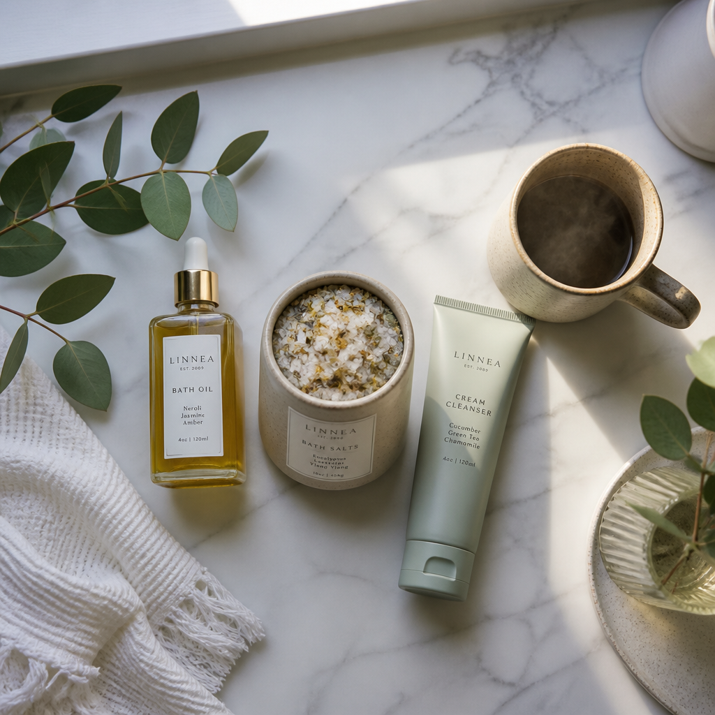Flat lay of curated bath products for dry skin including oils, salts, and cleansers arranged on a marble surface