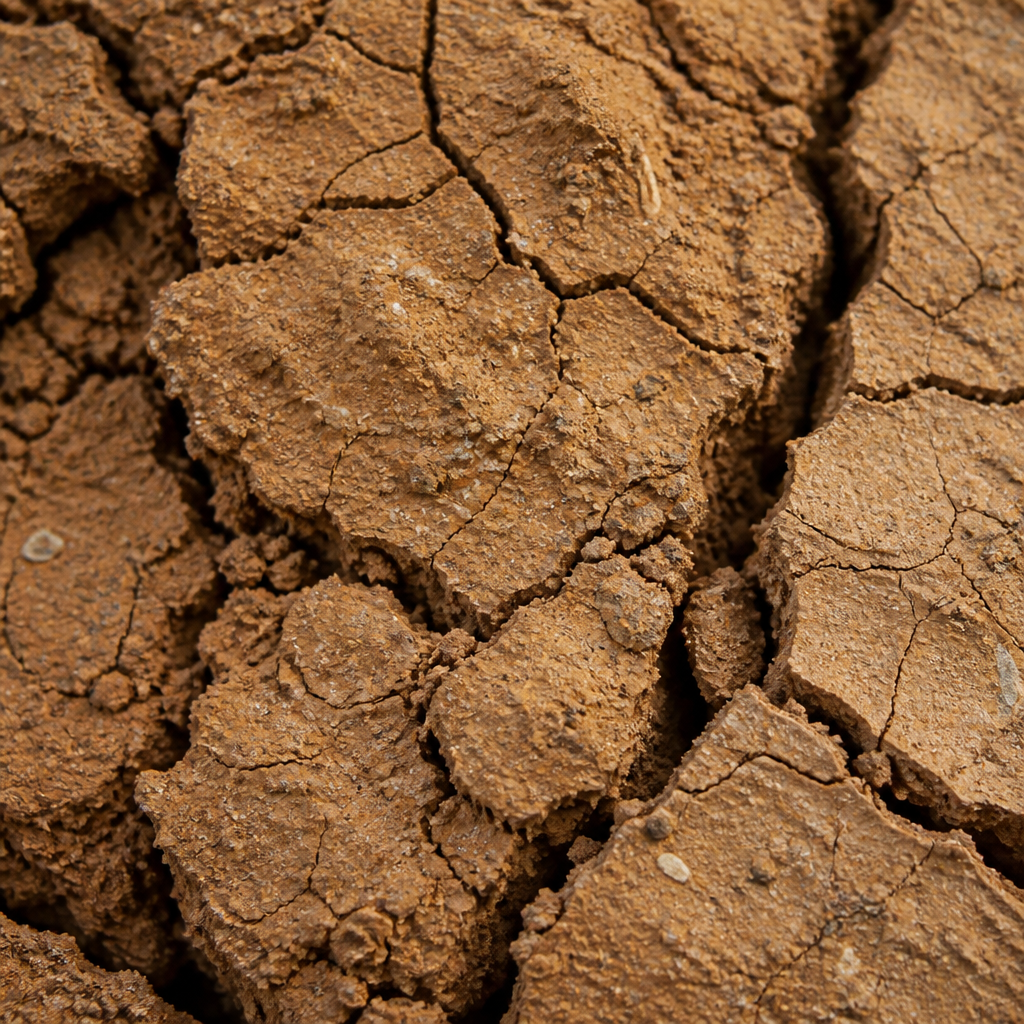 Gros plan d'une surface de sol argileux sec présentant des fissures de retrait