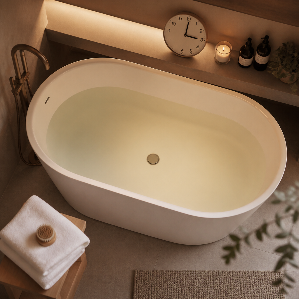 Peaceful bathroom scene showing a clean bathtub with warm lighting and timing element for skincare routine
