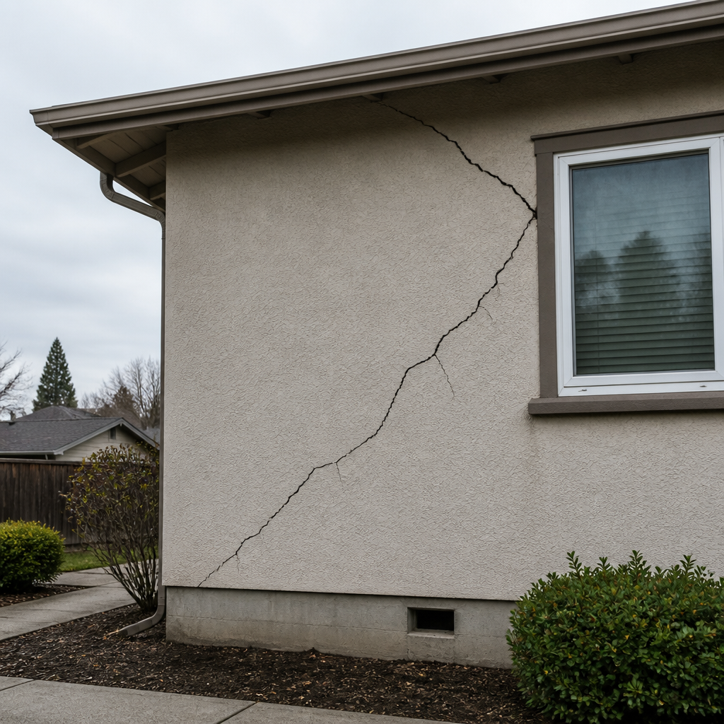 Façade de maison résidentielle avec fissures visibles sur le mur liées aux mouvements de fondation
