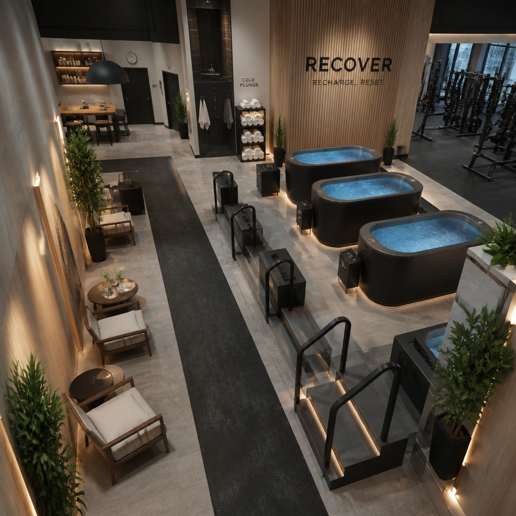 Vista de área de recuperação em fitness studio com múltiplas estações de banho de gelo