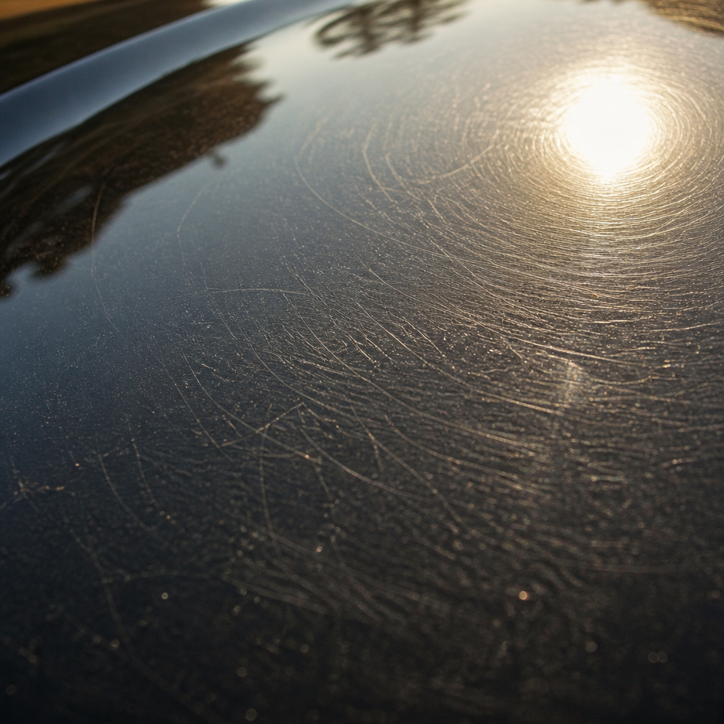 Close-up of car hood showing swirl marks and scratches under bright sunlight