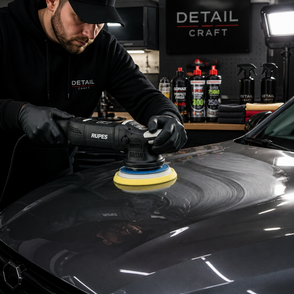 Professional machine polishing equipment working on car paint correction