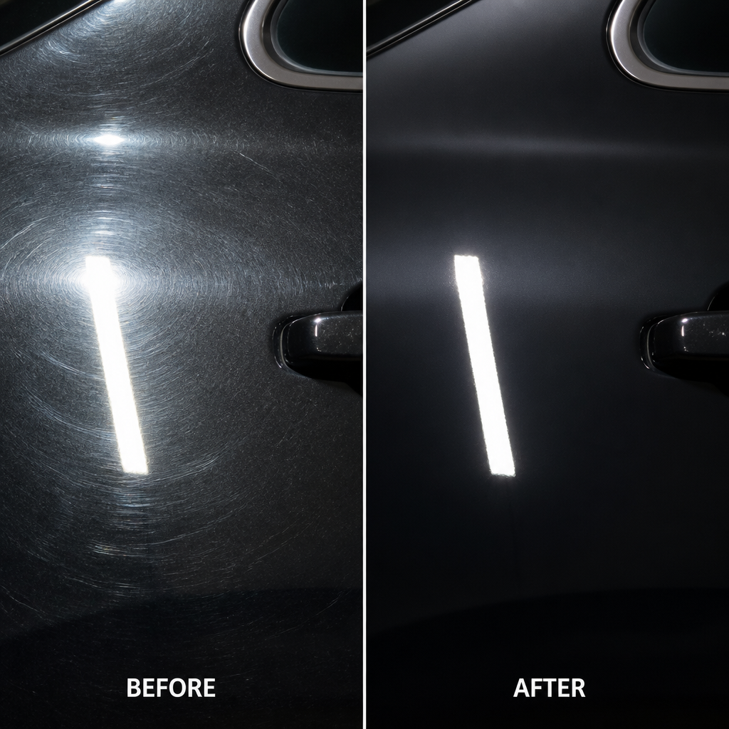 Before-and-after comparison of paint correction results showing restored clarity
