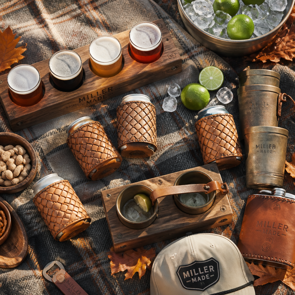 Handcrafted tailgate accessories arranged in an artisanal flat lay composition