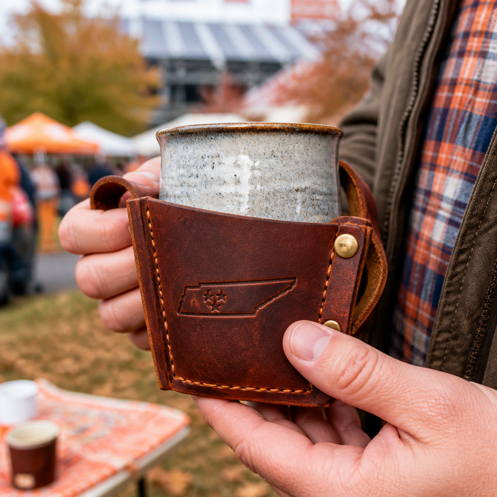 Person holding handcrafted leather drink holder and ceramic tumbler at an outdoor gathering